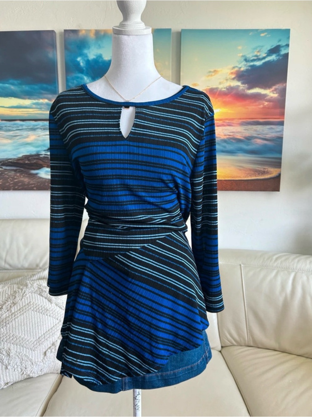 Blue Striped Long-Sleeve Women's Dress